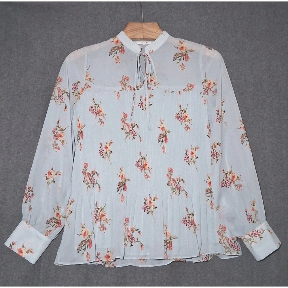 PLEIONE Floral Semi-Sheer Accordion Pleated Blouse Medium Light Blue Girlish